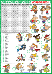 Body Movement Verbs ESL Word Search Puzzle Worksheets