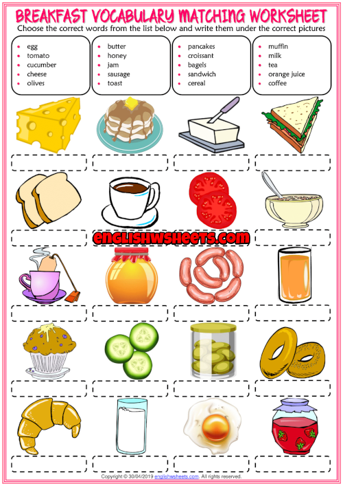 Breakfast ESL Vocabulary Worksheets
