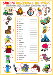 Camping ESL Unscramble the Words Worksheet For Kids