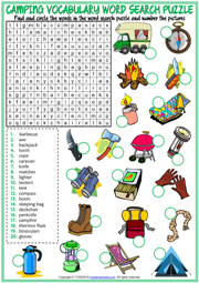 Camping ESL Printable Word Search Puzzle Worksheet