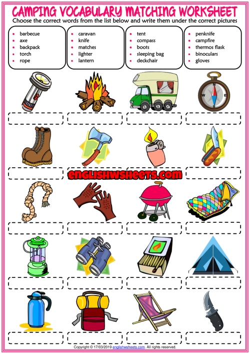 Camping ESL Printable Matching Exercise Worksheet For Kids