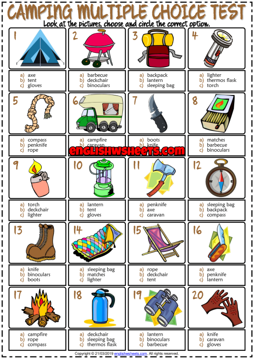 Camping ESL Printable Multiple Choice Test For Kids
