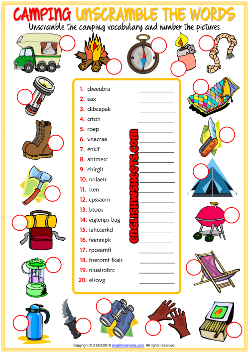 Camping ESL Unscramble the Words Worksheet For Kids