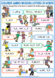 Children Games Missing Letters In Words Exercise Worksheet