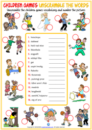Children Games ESL Unscramble the Words Worksheet