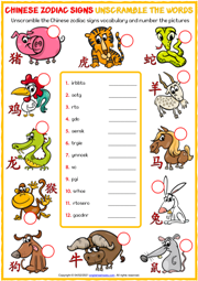 Chinese Zodiac Signs ESL Unscramble the Words Worksheet