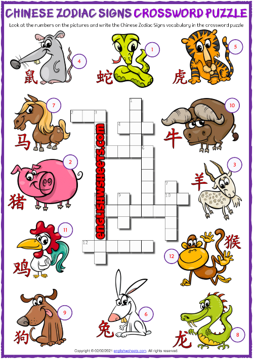 Chinese Zodiac Signs ESL Crossword Puzzle Worksheet