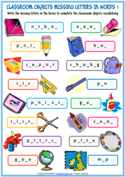 Classroom Objects Missing Letters In Words Exercise Worksheets