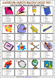 Classroom Objects ESL Printable Multiple Choice Test for Kids