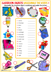 Classroom Objects ESL Unscramble the Words Worksheets