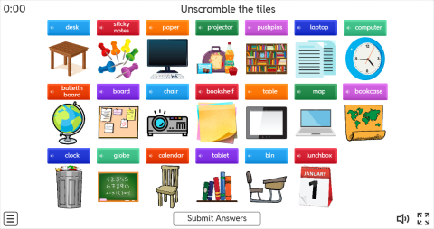 Classroom Objects Interactive Unscramble Worksheet