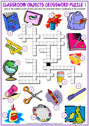 Classroom Objects ESL Crossword Puzzle Worksheets
