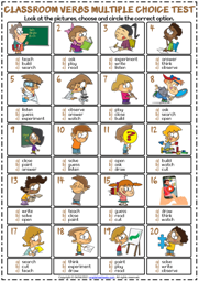 Classroom Verbs ESL Printable Multiple Choice Test For Kids