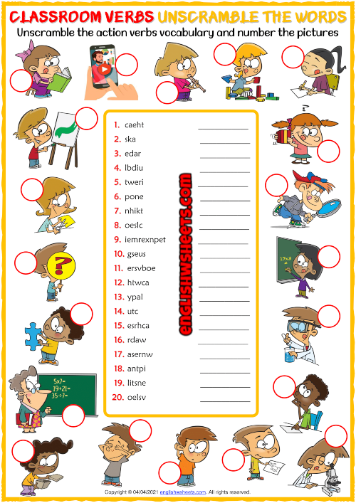 classroom verbs esl unscramble the words worksheet