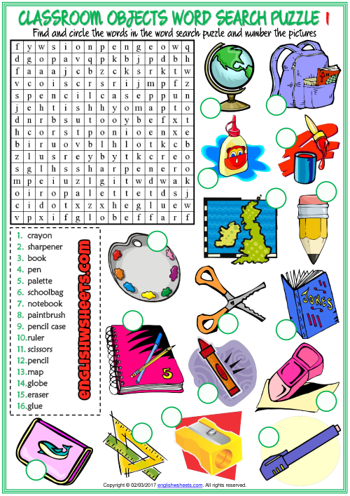 Spit digit Decompose Classroom Objects ESL Printable Word Search Puzzle Worksheets