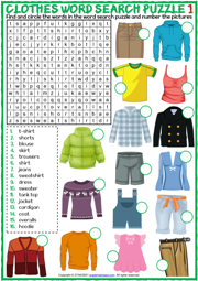 Clothes ESL Word Search Puzzle Worksheets