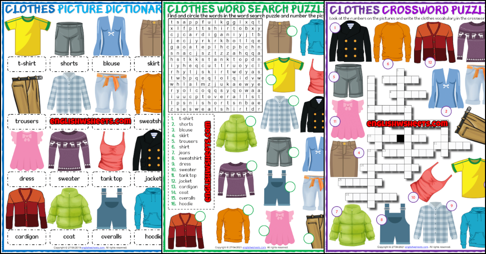 English Clothes Vocabulary Worksheets