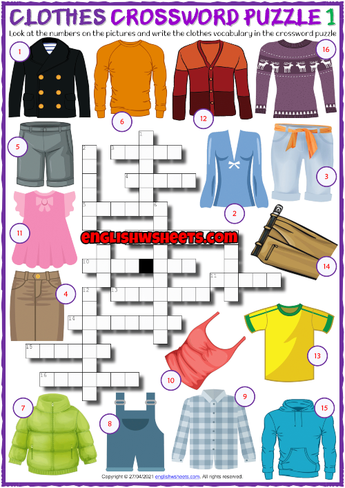 Clothes ESL Crossword Puzzle Worksheets Clothes ESL Crossword Puzzle Worksheets