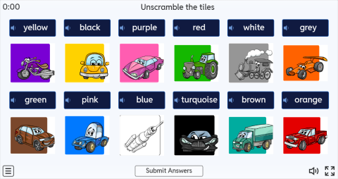 Colours ESL Interactive Unscramble Worksheet