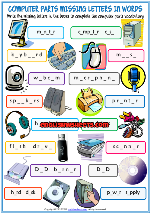 Computer Parts Missing Letters In Words Exercise Worksheet