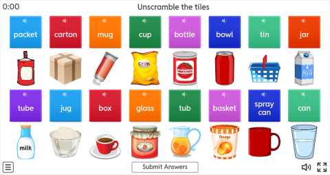 Containers ESL Interactive Unscramble Worksheet