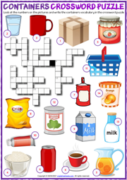 Containers ESL Crossword Puzzle Worksheet for Kids