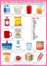 Containers ESL Vocabulary Matching Exercise Worksheet