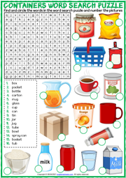 Containers ESL Word Search Puzzle Worksheet For Kids