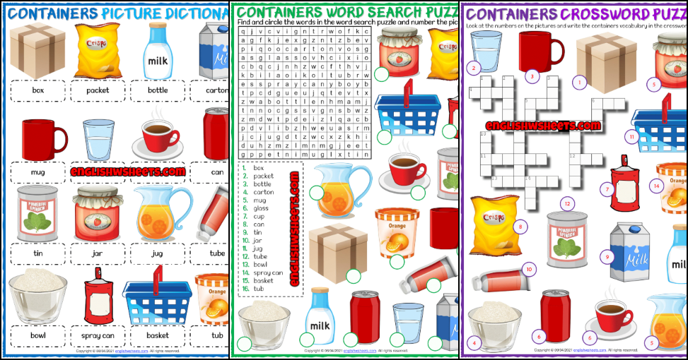 Containers ESL Vocabulary Worksheets