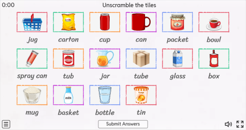 Containers ESL Interactive Vocabulary Worksheets