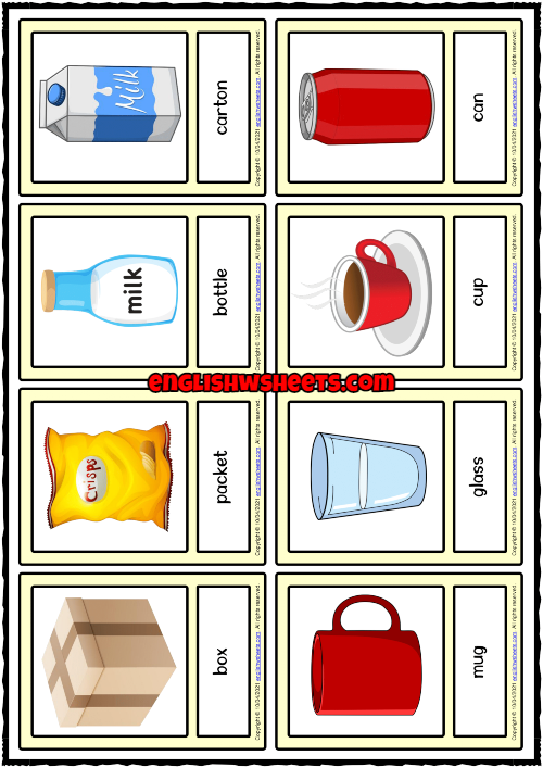 Containers ESL Printable Vocabulary Learning Cards