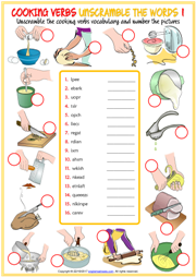 Cooking Verbs ESL Unscramble the Words Worksheets