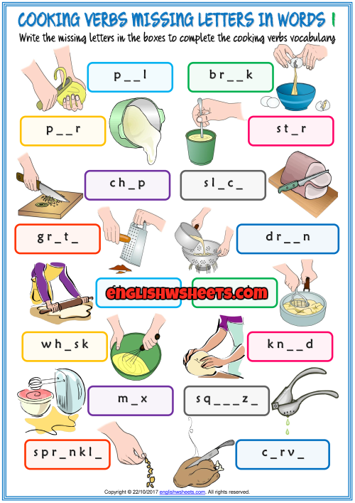 Cooking Verbs Missing Letters In Words Exercise Worksheets