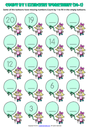 Counting Backwards by 1 from 20 to 1 Exercises Worksheet