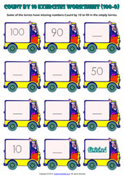 Counting Backwards by 10 from 100 to 0 Exercise Worksheet