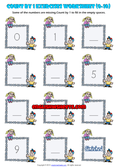 Counting Forward by 1 from 0 to 10 Exercises Worksheet