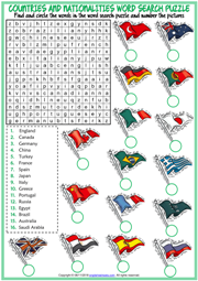 Countries and Nationalities ESL Word Search Puzzle Worksheet