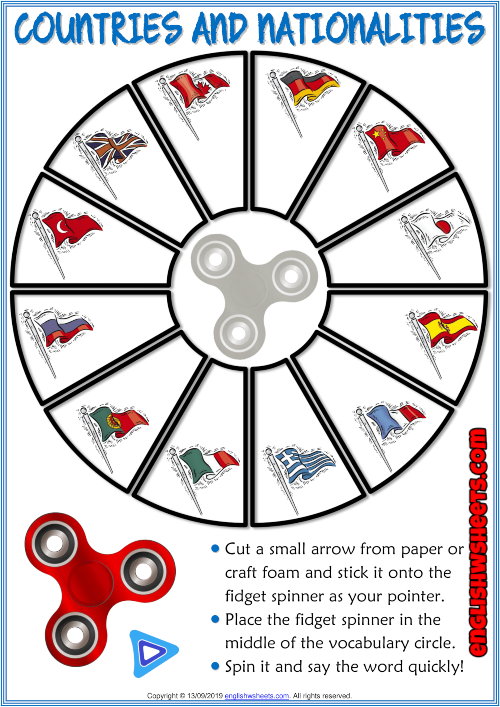Countries And Nationalities ESL Printable Fidget Spinner Game