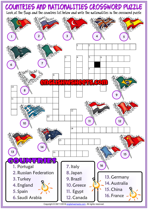Countries and Nationalities ESL Crossword Puzzle Worksheet