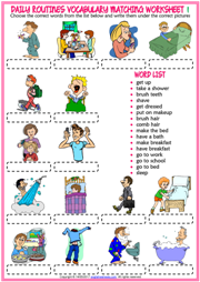 Daily Routines ESL Vocabulary Matching Exercise Worksheets