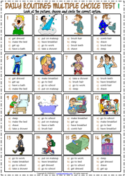 Daily Routines ESL Printable Multiple Choice Tests For Kids