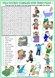 Daily Routines ESL Word Search Puzzle Worksheets For Kids