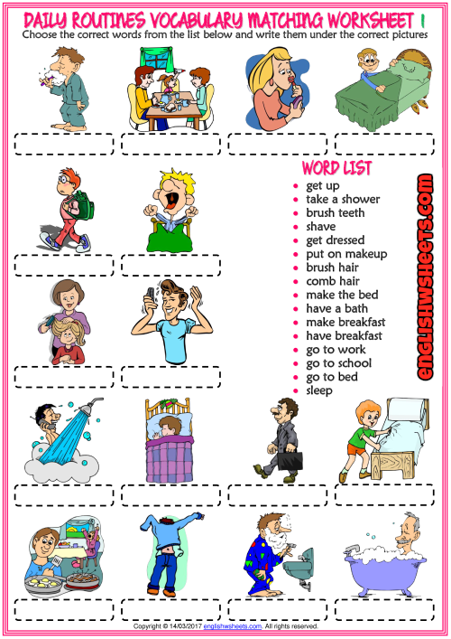 Daily Routines Vocabulary Matching Exercise Worksheets