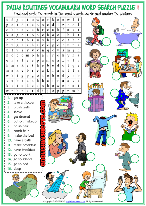daily routines esl word search puzzle worksheets for kids