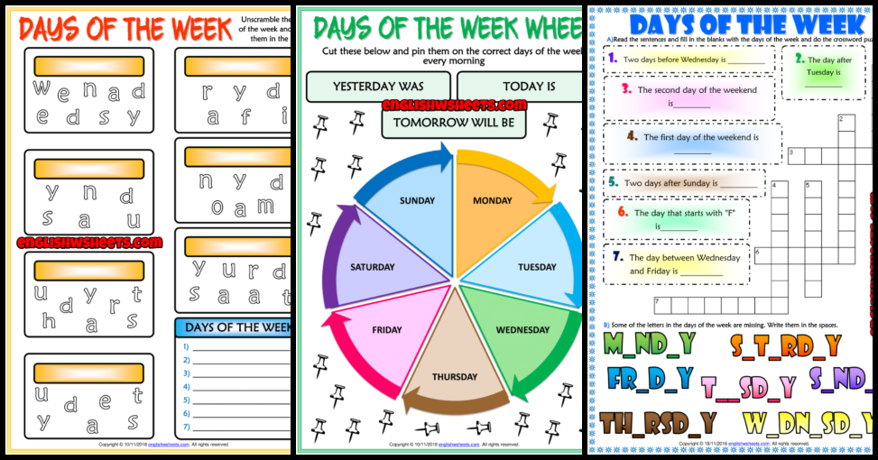 Days Of The Week ESL Printable Vocabulary Worksheets