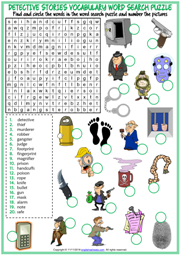 Detective Stories ESL Printable Word Search Puzzle Worksheet