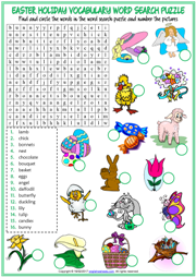 Easter Holiday ESL Word Search Puzzle Worksheet For Kids
