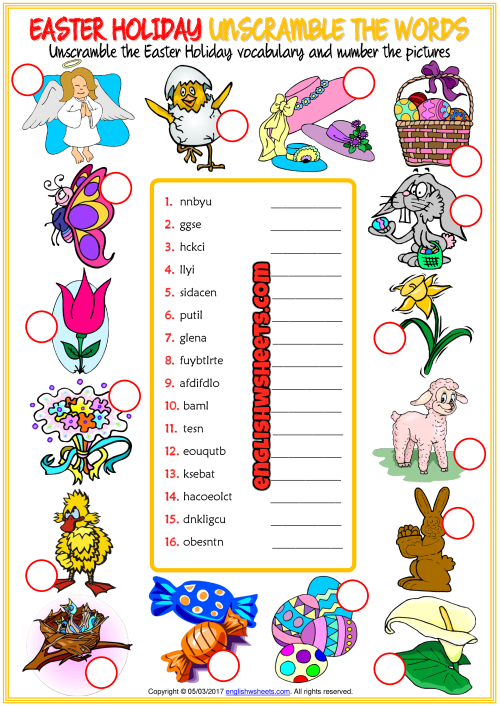 Easter Holiday ESL Unscramble The Words Worksheet