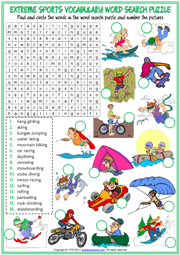 Extreme Sports ESL Printable Word Search Puzzle Worksheet