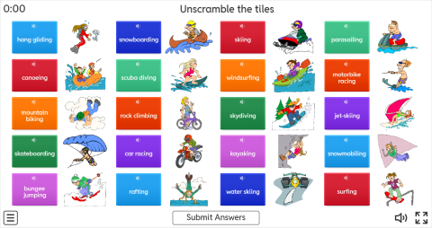 Extreme Sports ESL Interactive Unscramble Worksheet